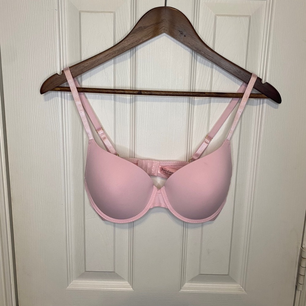 Juicy Couture T-Shirt‎ Bra 34C Pink Logo Underwire Padded Gold Hardware
